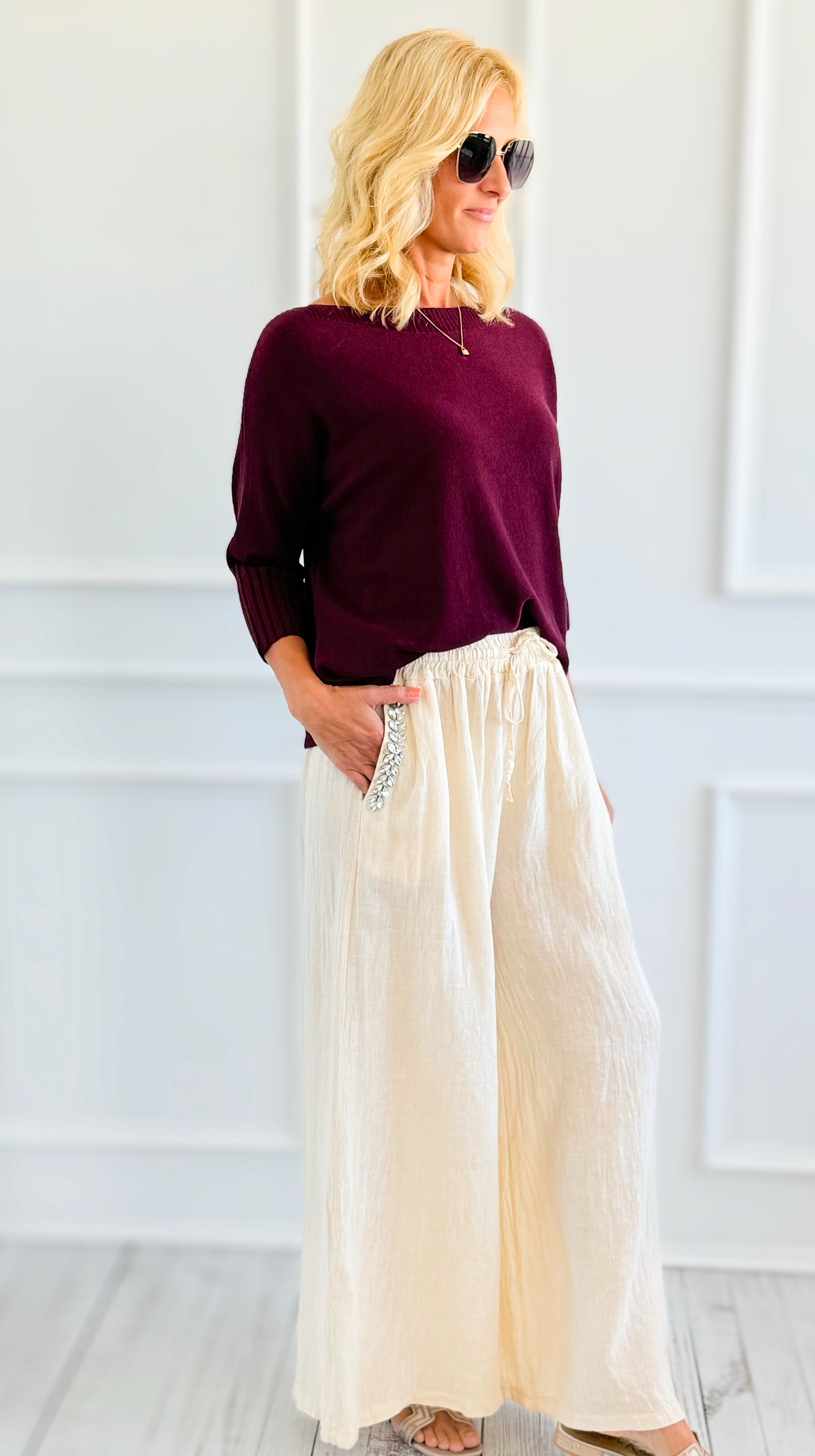 Ease Embellished Linen Italian Relaxed Pant- Cream-100 Pants-TATTOO Z-Coastal Bloom Boutique, find the trendiest versions of the popular styles and looks Located in Indialantic, FL