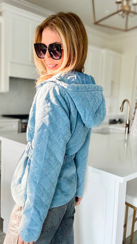 Belted Hoodie Quilting Denim Jacket - Light Denim-160 Jackets-ShopIrisBasic-Coastal Bloom Boutique, find the trendiest versions of the popular styles and looks Located in Indialantic, FL