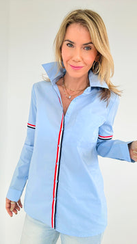 Accent Stripe Button-Down - Blue-130 Long Sleeve Tops-OVI-Coastal Bloom Boutique, find the trendiest versions of the popular styles and looks Located in Indialantic, FL