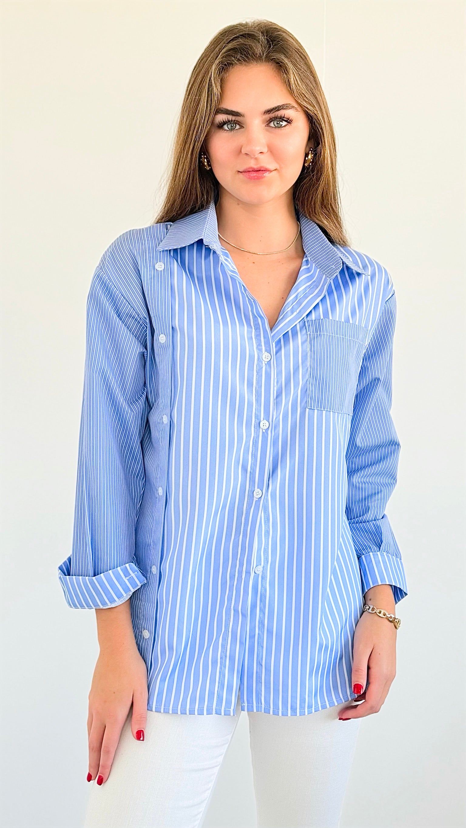 Multi Pinstripe Pocket Blouse-110 Short Sleeve Tops-OOPS!-Coastal Bloom Boutique, find the trendiest versions of the popular styles and looks Located in Indialantic, FL