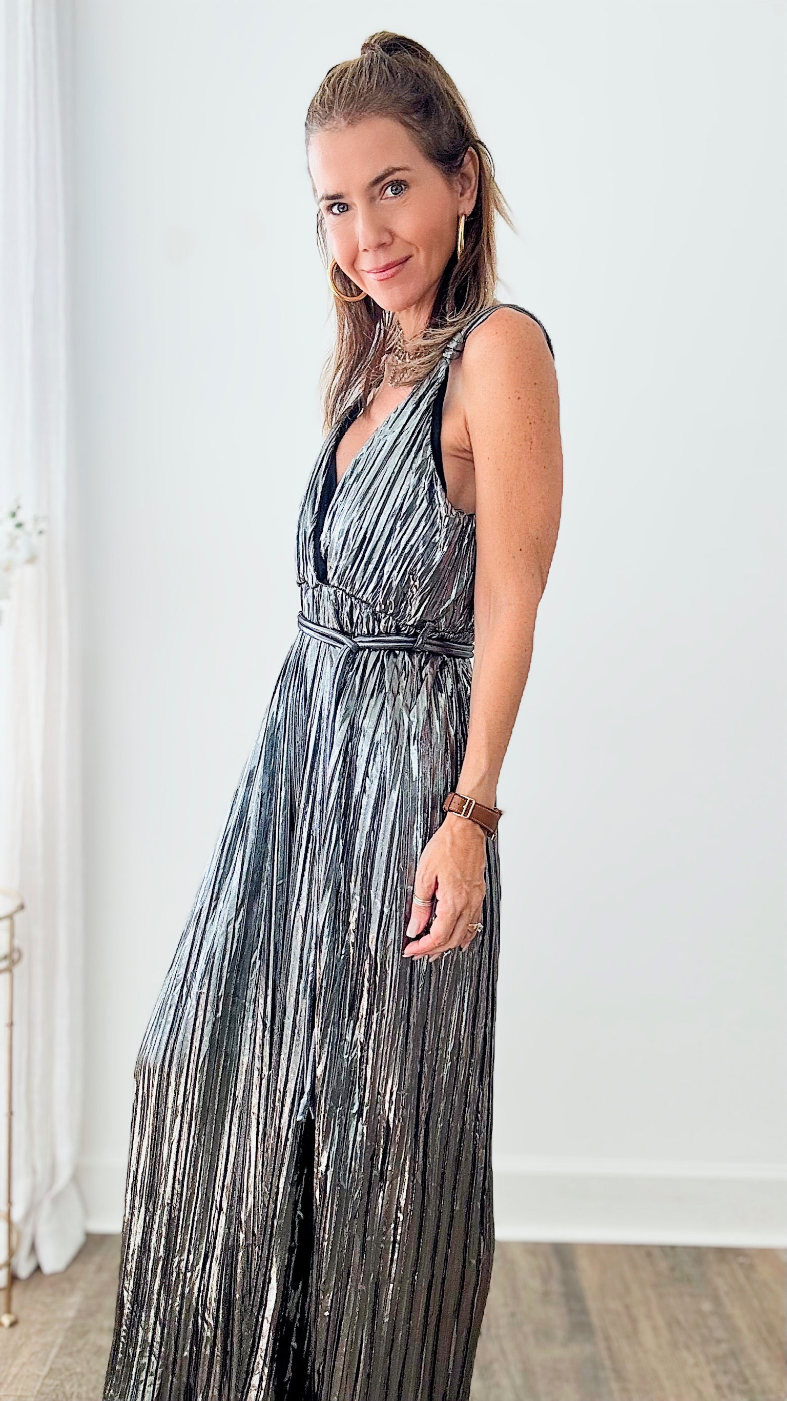 Lost in Your Eyes Pleated Metallic Jumpsuit-200 dresses/jumpsuits/rompers-Glam-Coastal Bloom Boutique, find the trendiest versions of the popular styles and looks Located in Indialantic, FL