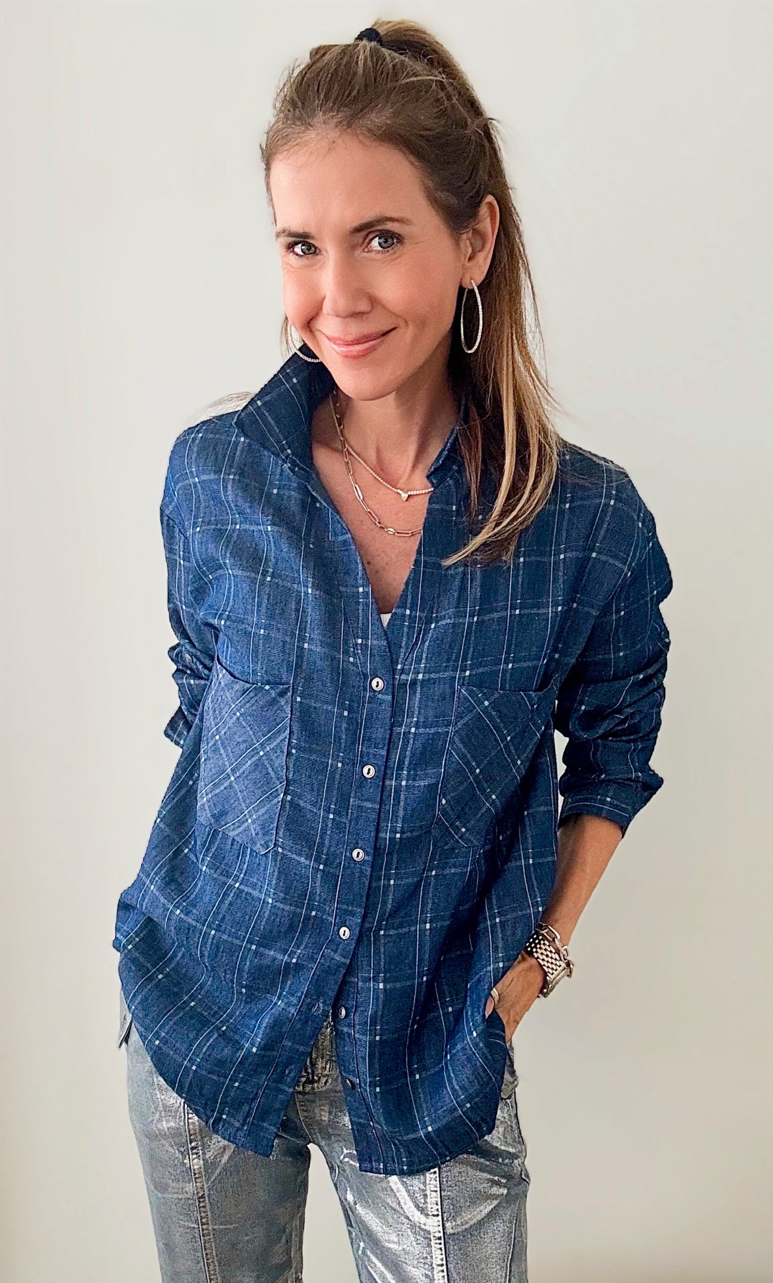 Navy Plaid Button Down Top-130 Long Sleeve Tops-Rousseau-Coastal Bloom Boutique, find the trendiest versions of the popular styles and looks Located in Indialantic, FL