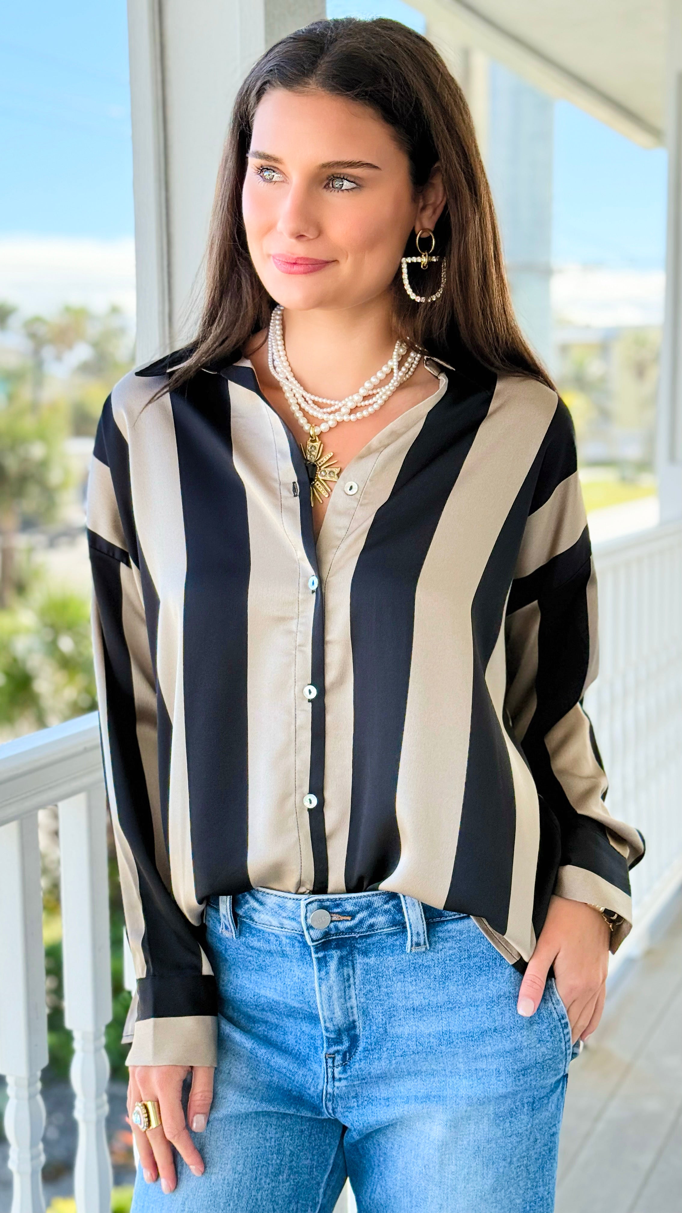 Oxford Lane Rugby Stripe Blouse-110 Long Sleeve Tops-DOE AND RAE-Coastal Bloom Boutique, find the trendiest versions of the popular styles and looks Located in Indialantic, FL