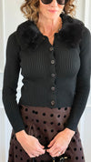 Faux Fur Collar Ribbed Cardigan -Black-140 Sweaters-Blu Pepper-Coastal Bloom Boutique, find the trendiest versions of the popular styles and looks Located in Indialantic, FL