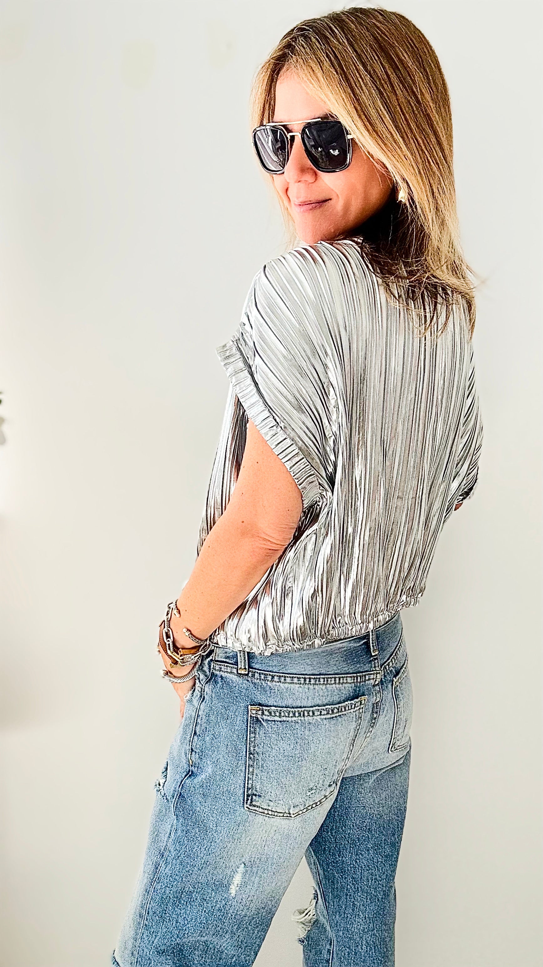 Metallic Silver Pleated Tie Waist Blouse - Silver-110 Short Sleeve Tops-Glam-Coastal Bloom Boutique, find the trendiest versions of the popular styles and looks Located in Indialantic, FL