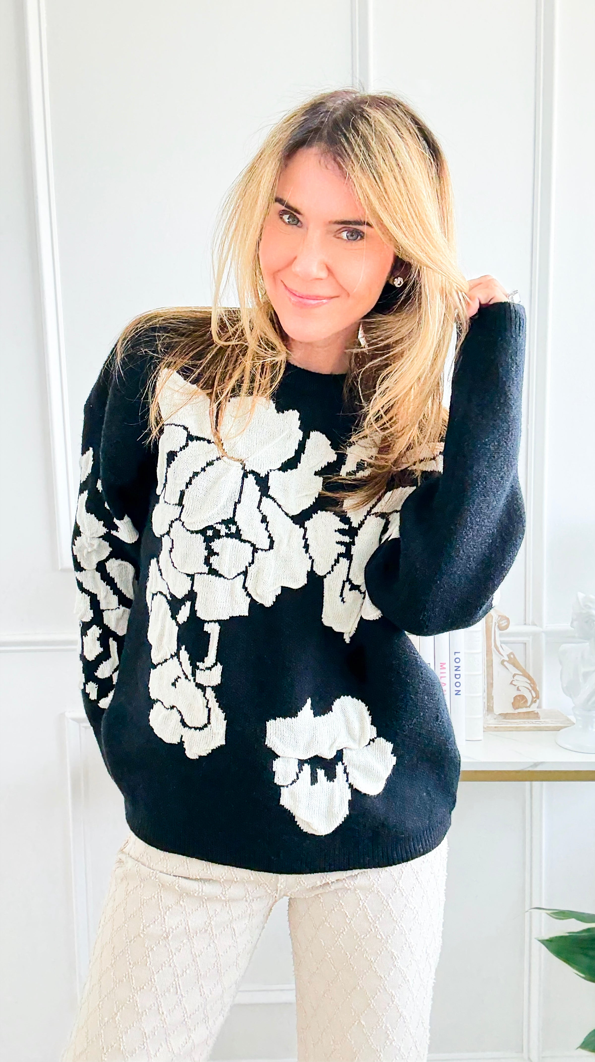 Bold Bloom Knit Sweater - Black-140 Sweaters-Rousseau-Coastal Bloom Boutique, find the trendiest versions of the popular styles and looks Located in Indialantic, FL