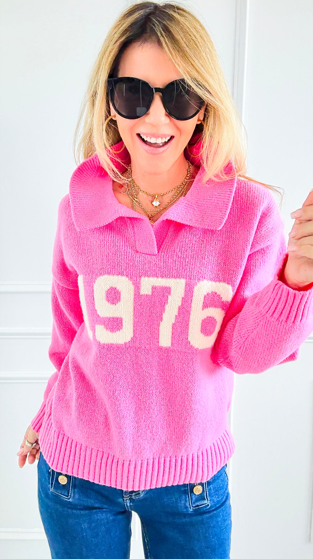1976 Pink Sweater-140 Sweaters-Lovelo x GeeGee-Coastal Bloom Boutique, find the trendiest versions of the popular styles and looks Located in Indialantic, FL