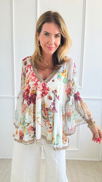 Floral Printed Embroidered Tunic Top-130 Long Sleeve Tops-LA ROS-Coastal Bloom Boutique, find the trendiest versions of the popular styles and looks Located in Indialantic, FL