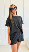 Comfy Rib Top & Short Set - Black-210 Loungewear/Sets-Lovely Melody-Coastal Bloom Boutique, find the trendiest versions of the popular styles and looks Located in Indialantic, FL