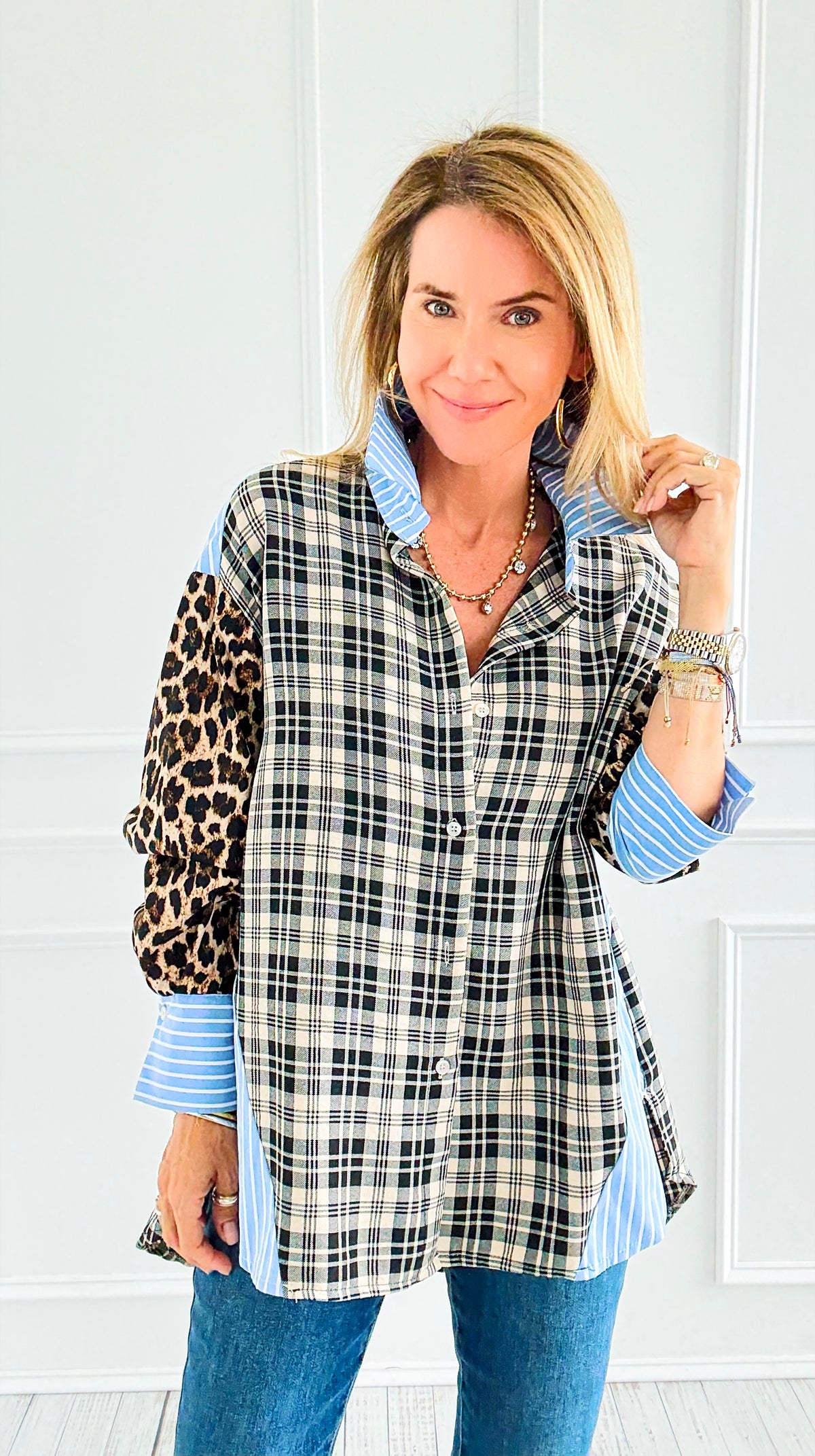 Plaid Instinct Italian Button Down Blouse-110 Long Sleeve Tops-TATTOO Z-Coastal Bloom Boutique, find the trendiest versions of the popular styles and looks Located in Indialantic, FL
