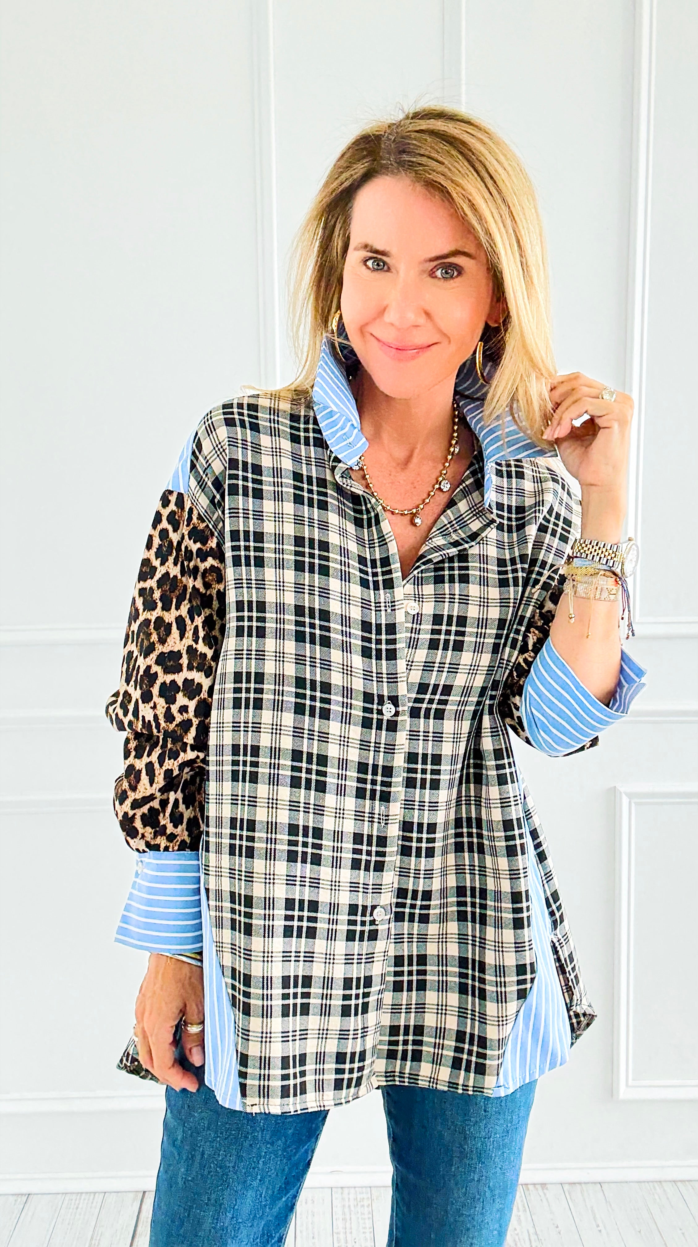 Plaid Instinct Italian Button Down Blouse-110 Long Sleeve Tops-TATTOO Z-Coastal Bloom Boutique, find the trendiest versions of the popular styles and looks Located in Indialantic, FL