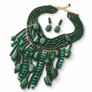 Cascading Fringe Necklace Set - Emerald