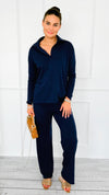 Chic & Cozy Eileen French Terry Pant Set-Dk Navy-210 Loungewear/sets-EC COLLECTION INC-Coastal Bloom Boutique, find the trendiest versions of the popular styles and looks Located in Indialantic, FL