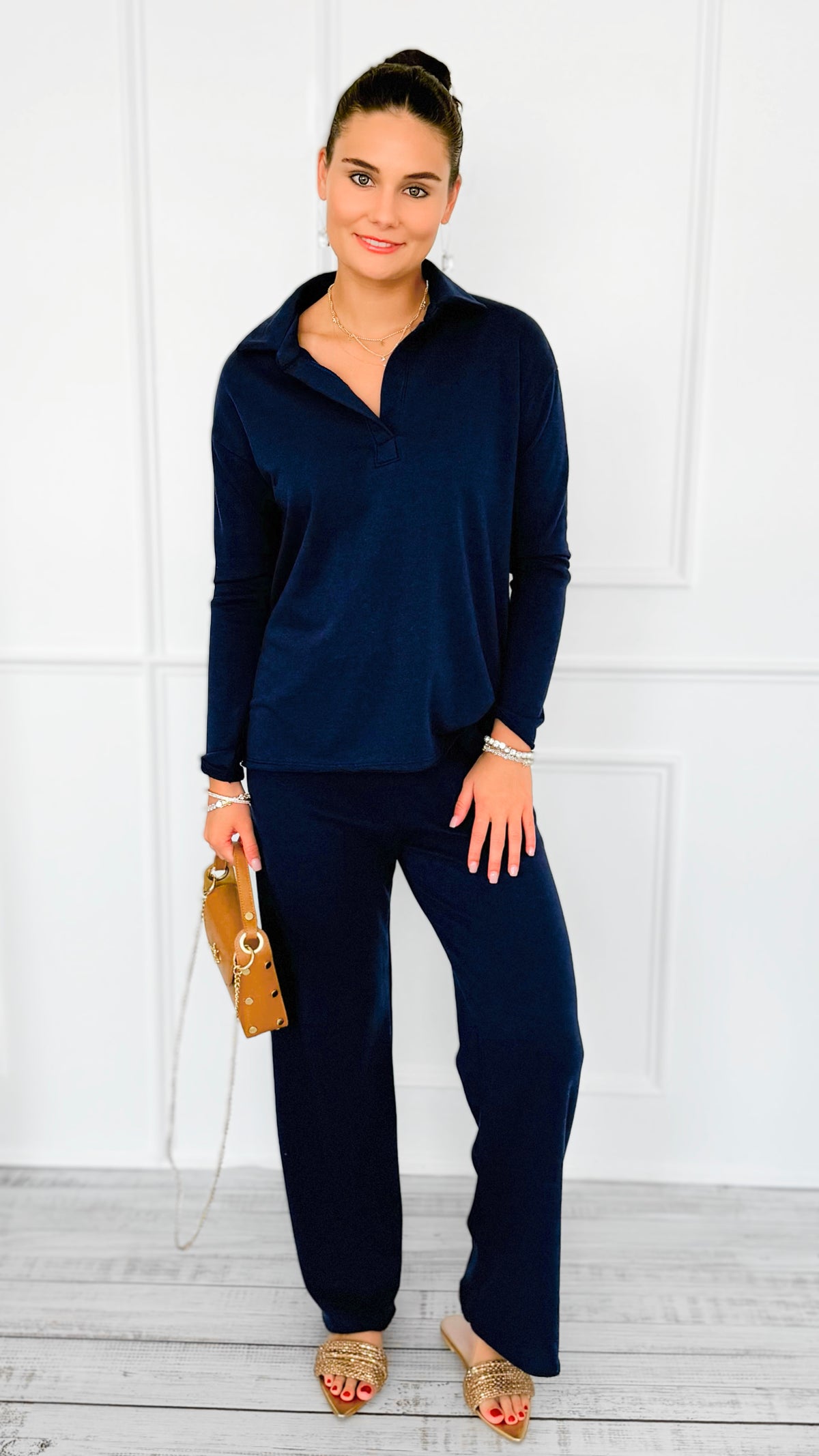 Chic & Cozy Eileen French Terry Pant Set-Dk Navy-210 Loungewear/sets-EC COLLECTION INC-Coastal Bloom Boutique, find the trendiest versions of the popular styles and looks Located in Indialantic, FL