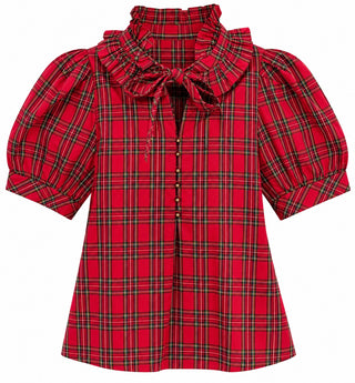 Plaid Bow Neck Puff Sleeve Blouse - Red