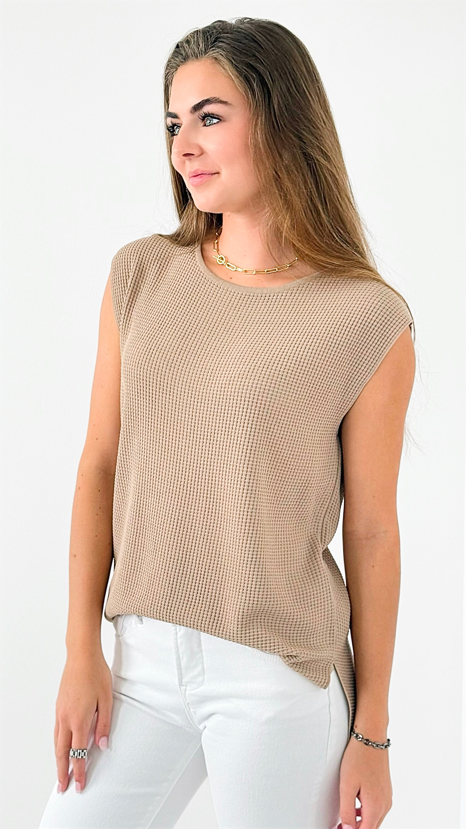 Hampton Waffle Sleeveless Top - Khaki-00 Sleevless Tops-original usa-Coastal Bloom Boutique, find the trendiest versions of the popular styles and looks Located in Indialantic, FL