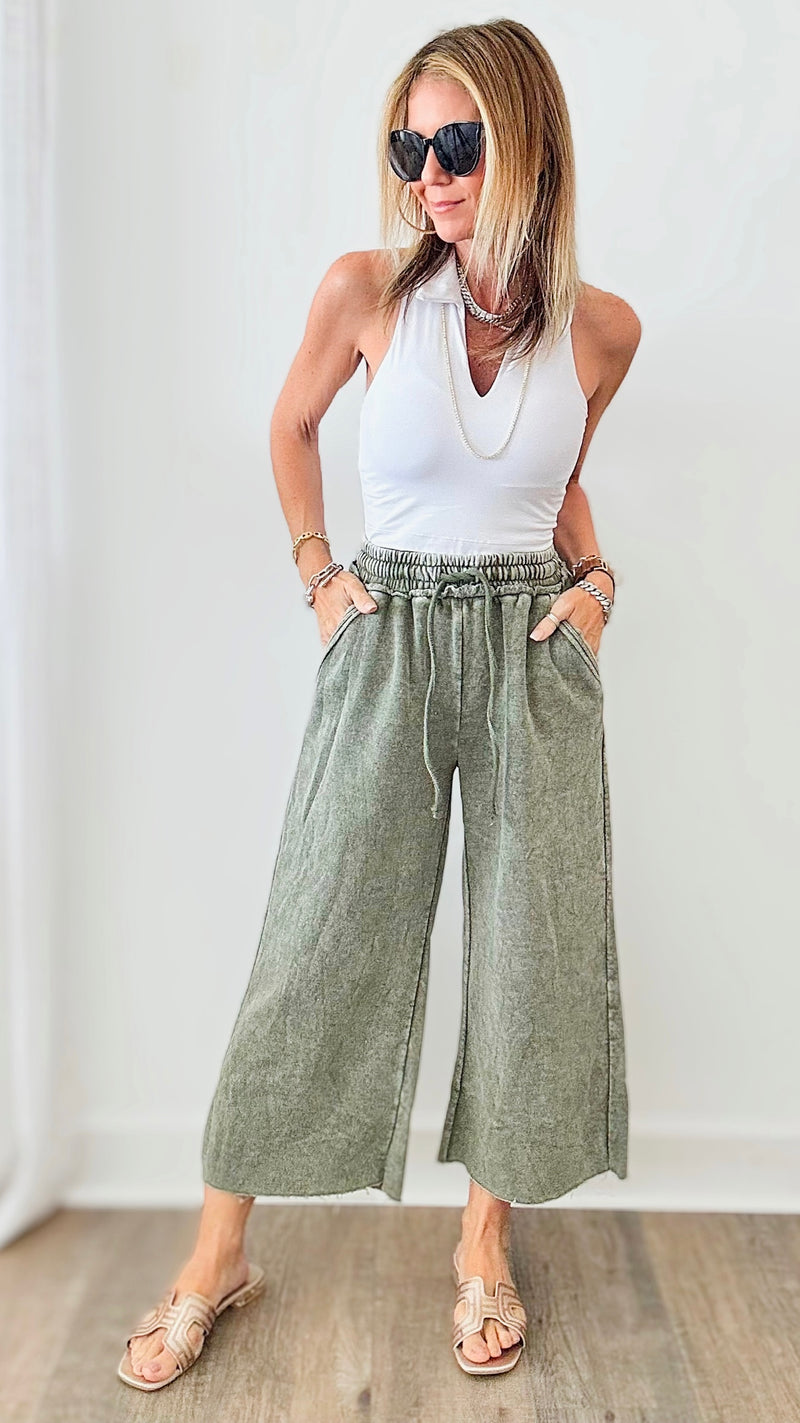 Acid Wash Fleece Palazzo Sweat Pants - Light Olive-170 Bottoms-Zenana-Coastal Bloom Boutique, find the trendiest versions of the popular styles and looks Located in Indialantic, FL