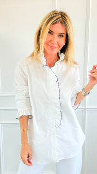 Ruffle Contour Elegance Italian Button Top- White