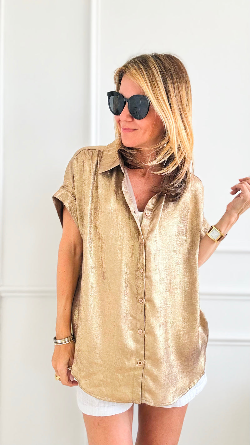 Glow Up Collared Button Up Top - Taupe-110 Short Sleeve Tops-Jodifl-Coastal Bloom Boutique, find the trendiest versions of the popular styles and looks Located in Indialantic, FL