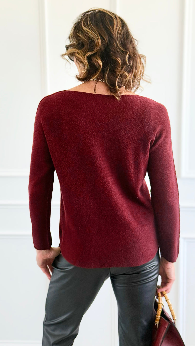Soho Italian V-Neck Pullover - Wine-140 Sweaters-Italianissimo/ Max & D-Coastal Bloom Boutique, find the trendiest versions of the popular styles and looks Located in Indialantic, FL
