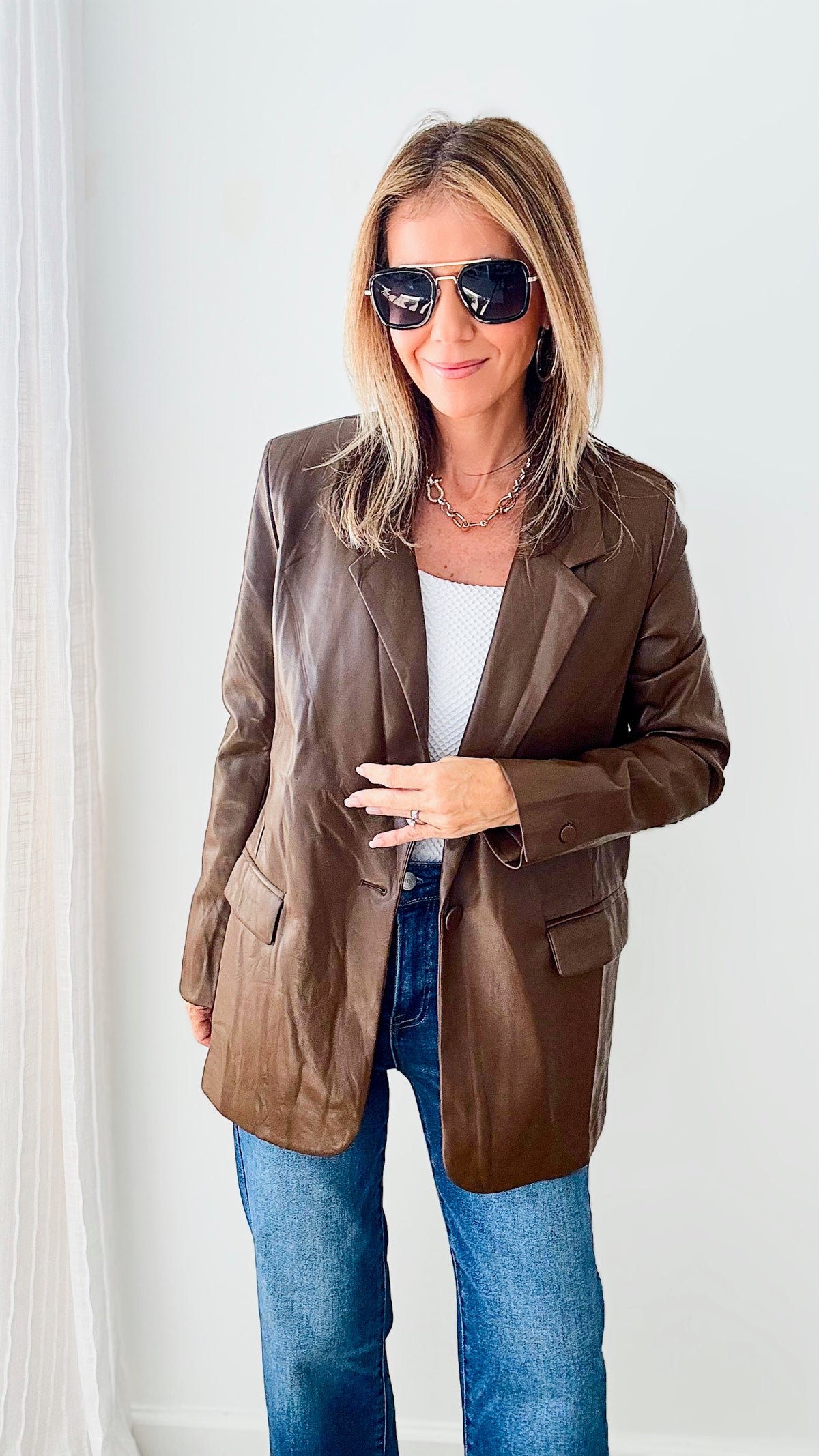 The Eras Vegan Leather Blazer - Brown-160 Jackets-Rousseau-Coastal Bloom Boutique, find the trendiest versions of the popular styles and looks Located in Indialantic, FL