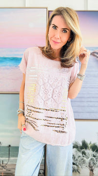 Metallic Fusion Italian Top - Blush-110 Short Sleeve Tops-Italianissimo-Coastal Bloom Boutique, find the trendiest versions of the popular styles and looks Located in Indialantic, FL