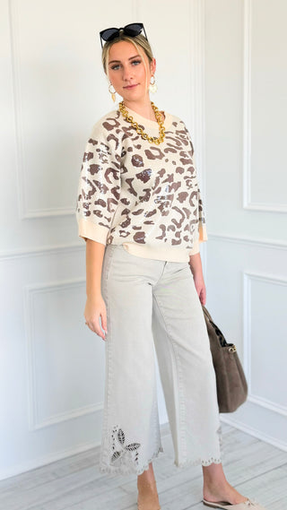 Tummy Control Embroidered Wide Eyelet Pants - Almond