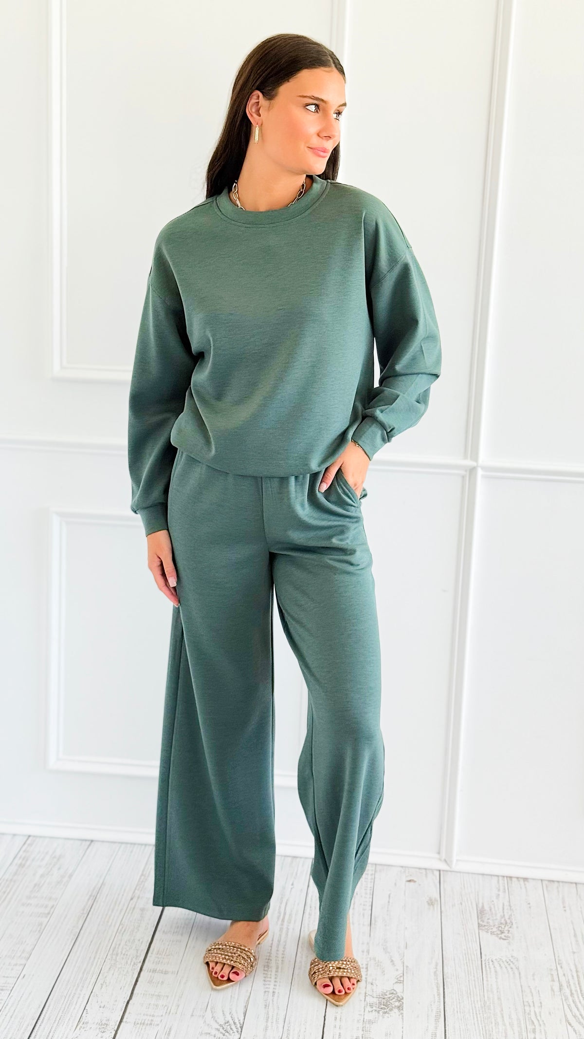 Weekend Lounge Scuba Pant Set - Dark Forest-210 Loungewear/Sets-Zenana-Coastal Bloom Boutique, find the trendiest versions of the popular styles and looks Located in Indialantic, FL