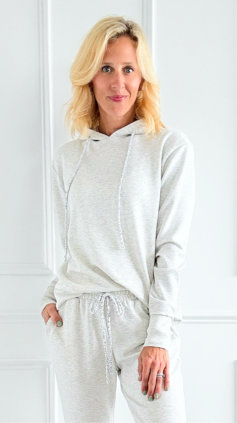 Sequin Drawstring Relaxed Hoodie - Heather-110 Long Sleeve Tops-Ariella-Coastal Bloom Boutique, find the trendiest versions of the popular styles and looks Located in Indialantic, FL