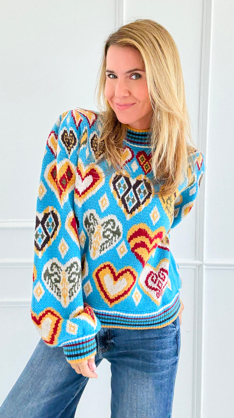 Kaleidohearts Puff Sleeve Sweater-140 Sweaters-&MERCI-Coastal Bloom Boutique, find the trendiest versions of the popular styles and looks Located in Indialantic, FL