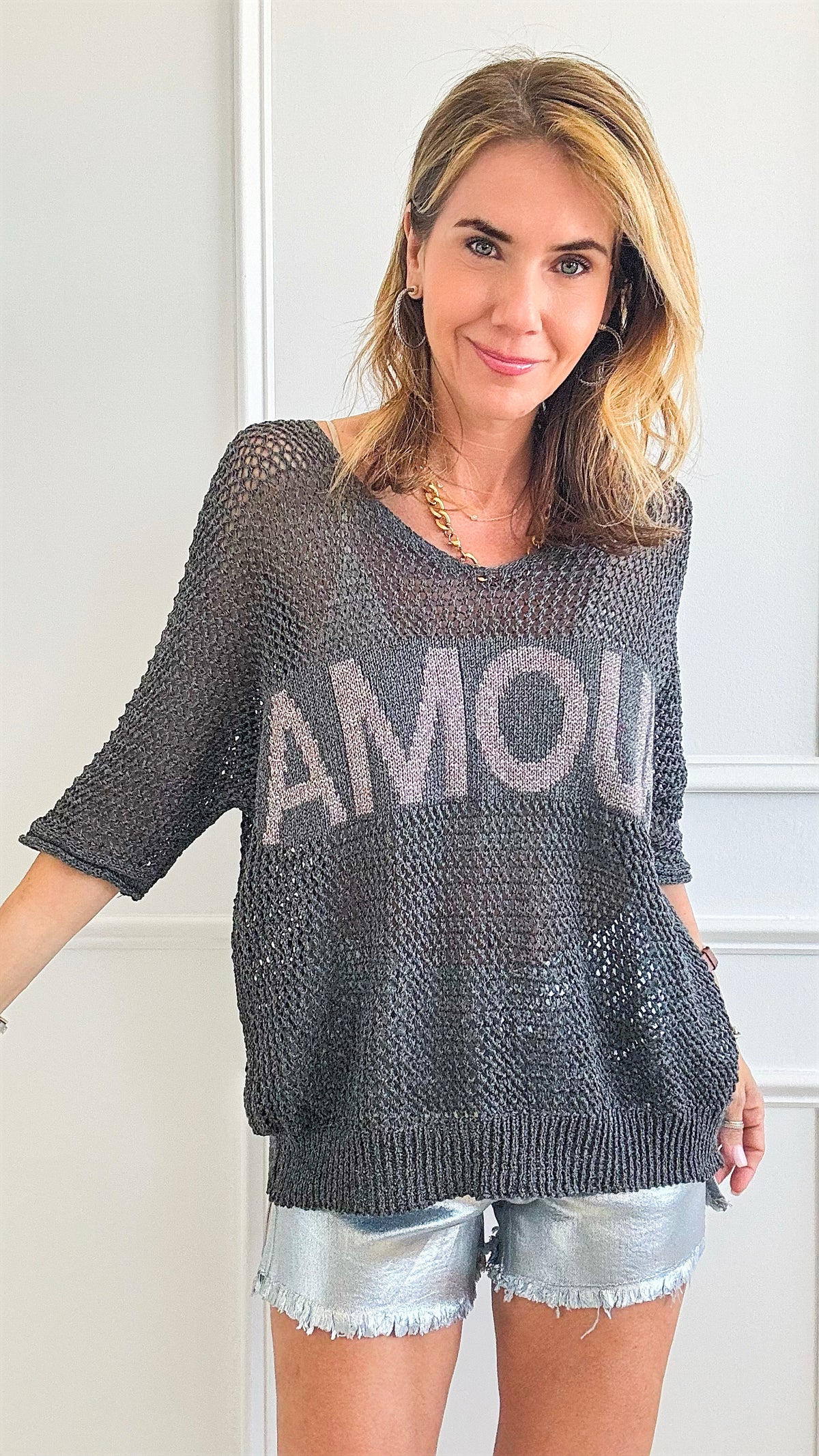 Amour Italian Crochet Pullover - Charcoal-110 Short Sleeve Tops-Italianissimo-Coastal Bloom Boutique, find the trendiest versions of the popular styles and looks Located in Indialantic, FL