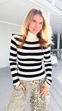 Long Sleeve Ribbed Stripe Sweater - Ivory/Black-140 Sweaters-Active Basic-Coastal Bloom Boutique, find the trendiest versions of the popular styles and looks Located in Indialantic, FL