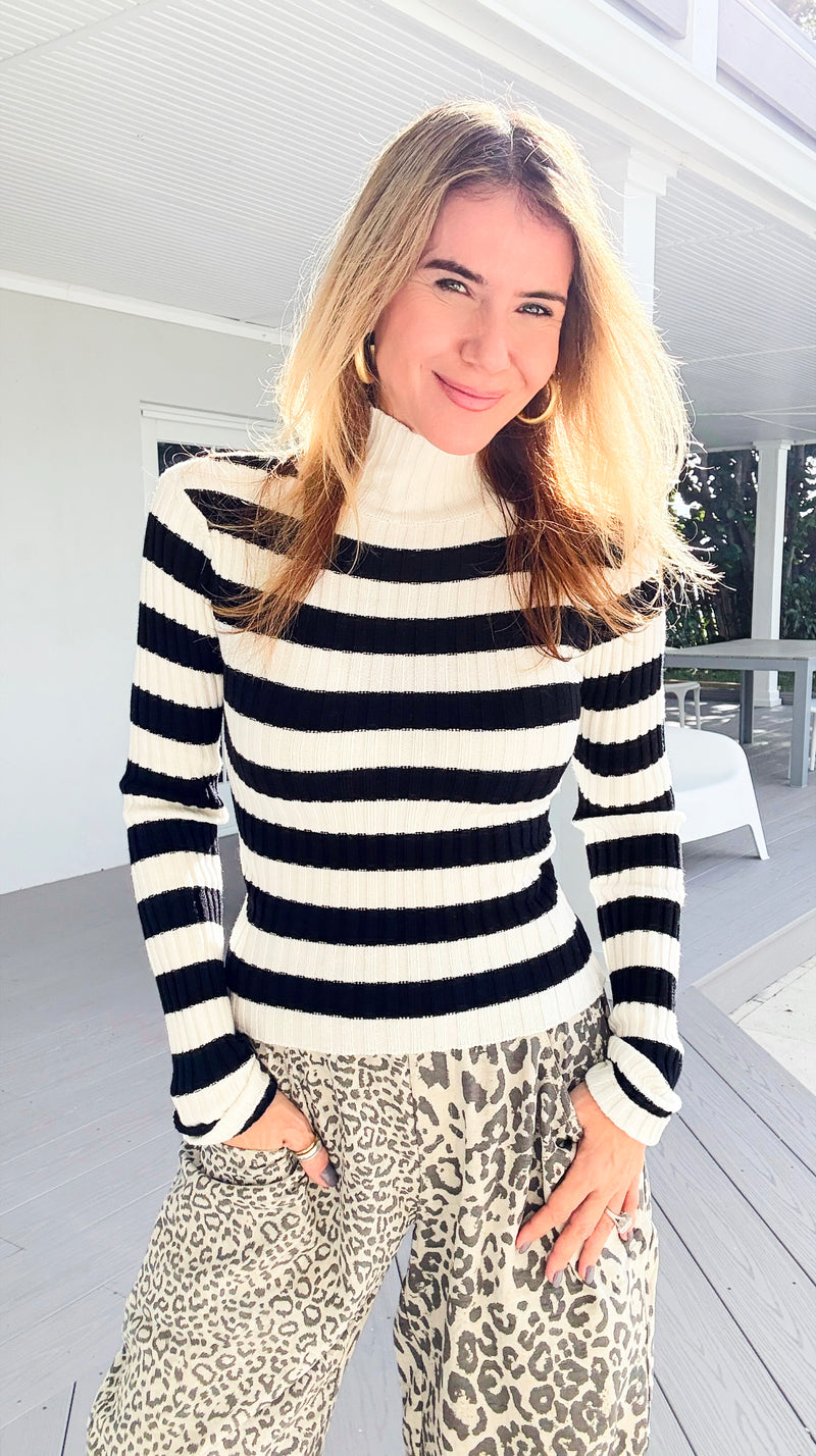 Long Sleeve Ribbed Stripe Sweater - Ivory/Black-140 Sweaters-Active Basic-Coastal Bloom Boutique, find the trendiest versions of the popular styles and looks Located in Indialantic, FL