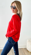 Soho Italian V-Neck Pullover - Red-140 Sweaters-Italianissimo-Coastal Bloom Boutique, find the trendiest versions of the popular styles and looks Located in Indialantic, FL