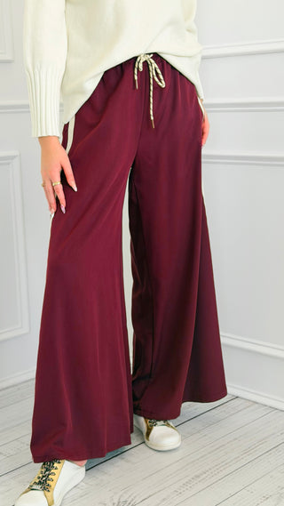 Side Note Wide Leg Italian Pant- Burgundy