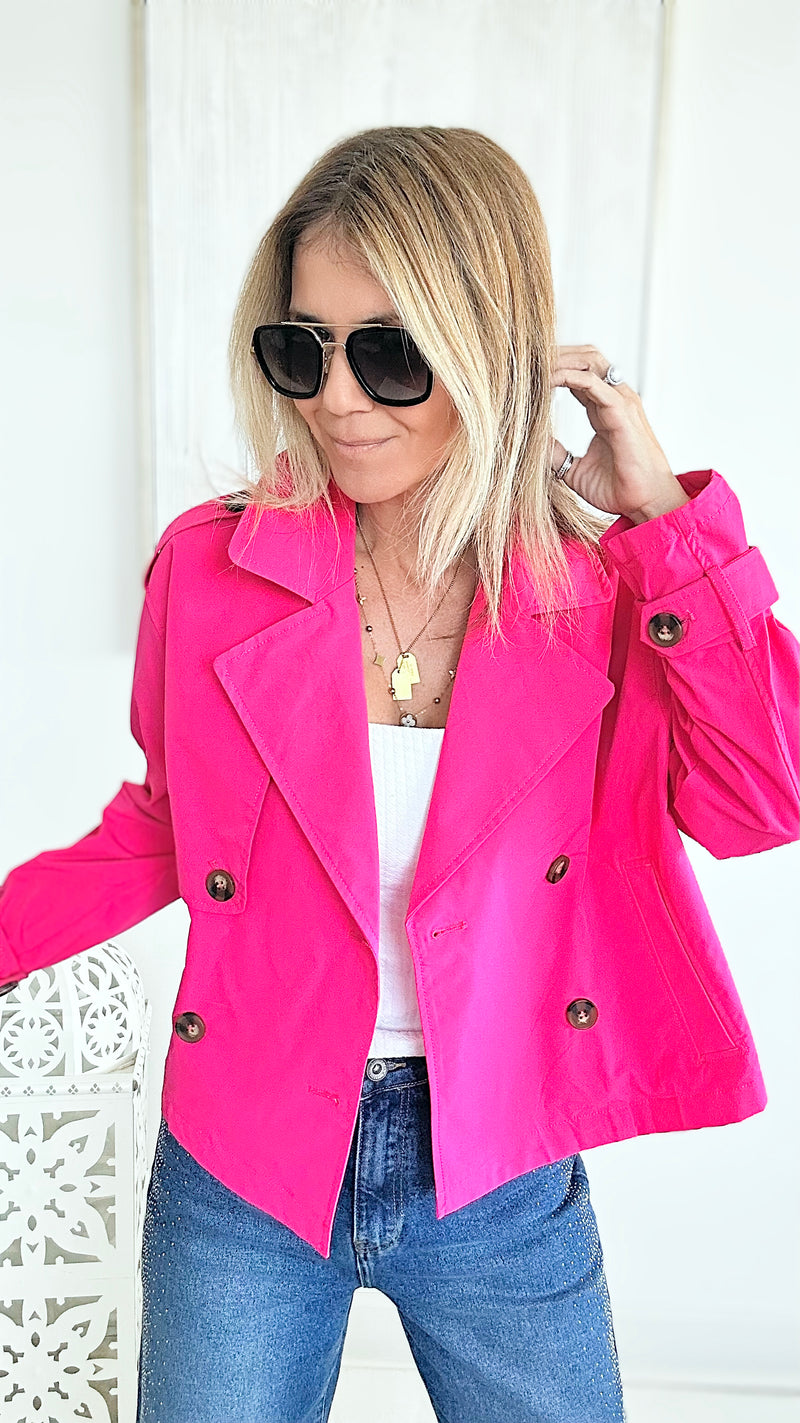 London Girl Cropped Trench Jacket - Fuchsia-160 Jackets-LOVE TREE-Coastal Bloom Boutique, find the trendiest versions of the popular styles and looks Located in Indialantic, FL