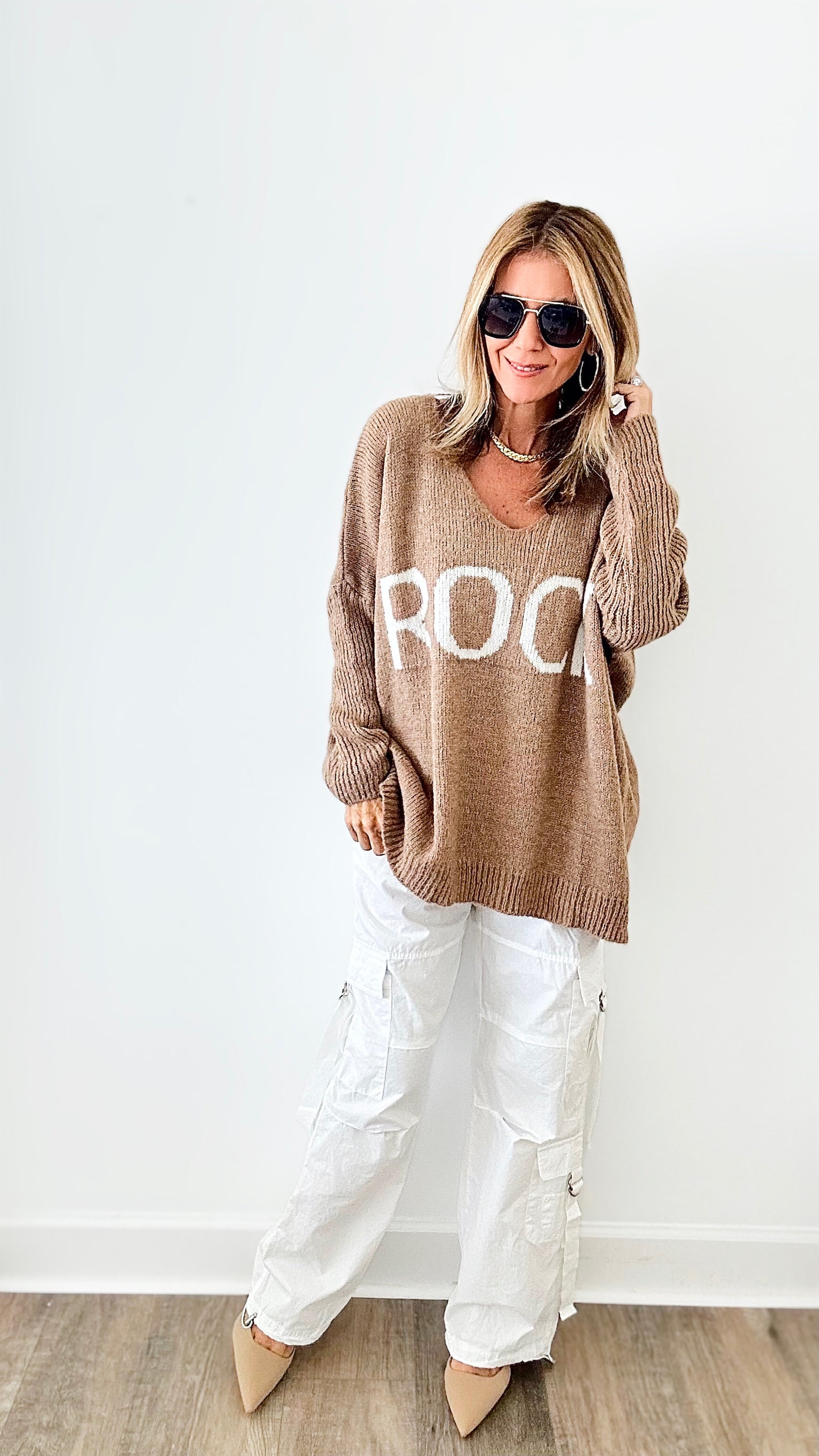 Rock V-Neck Sweater - Camel-130 Long sleeve top-VENTI6 OUTLET-Coastal Bloom Boutique, find the trendiest versions of the popular styles and looks Located in Indialantic, FL