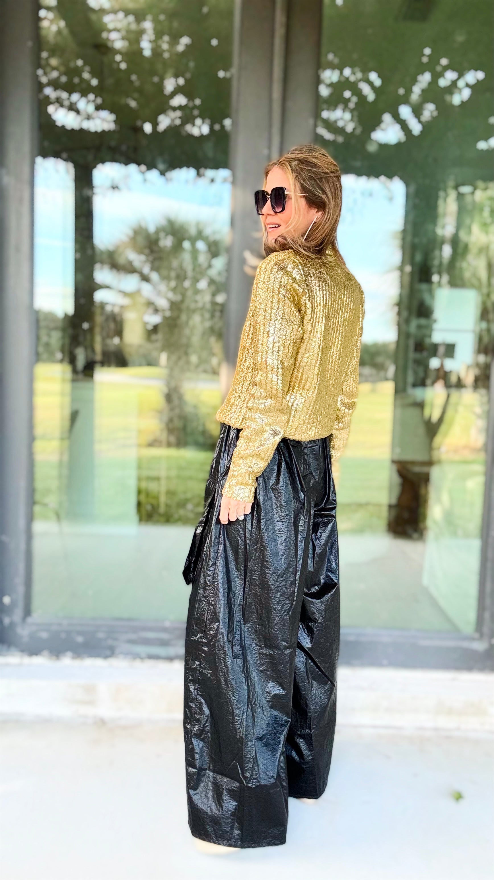 Wide Leg Metallic Parachute Oversized Pants - Black-170 Bottoms-sj style-Coastal Bloom Boutique, find the trendiest versions of the popular styles and looks Located in Indialantic, FL