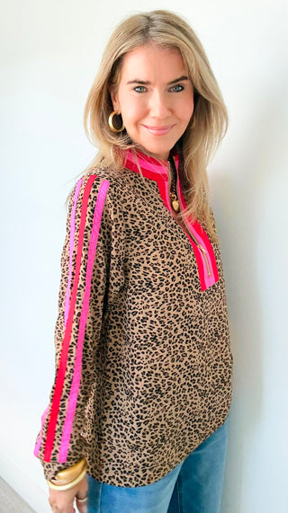 Contrast Trim Zip Long Sleeve Top