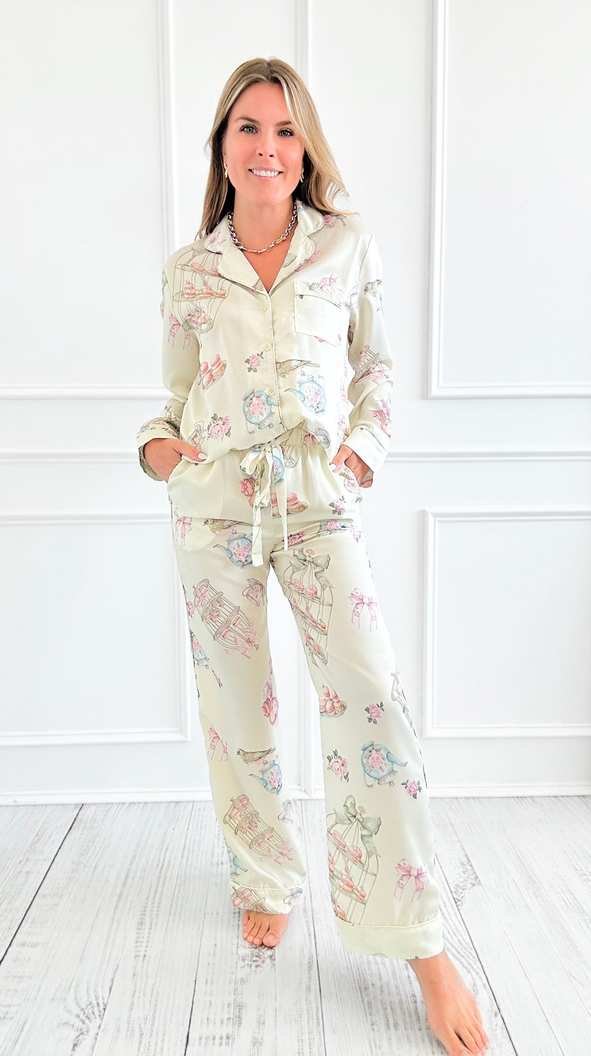 Macaron Tea Party Satin Pant Set-170 Bottoms-Fantastic Fawn-Coastal Bloom Boutique, find the trendiest versions of the popular styles and looks Located in Indialantic, FL