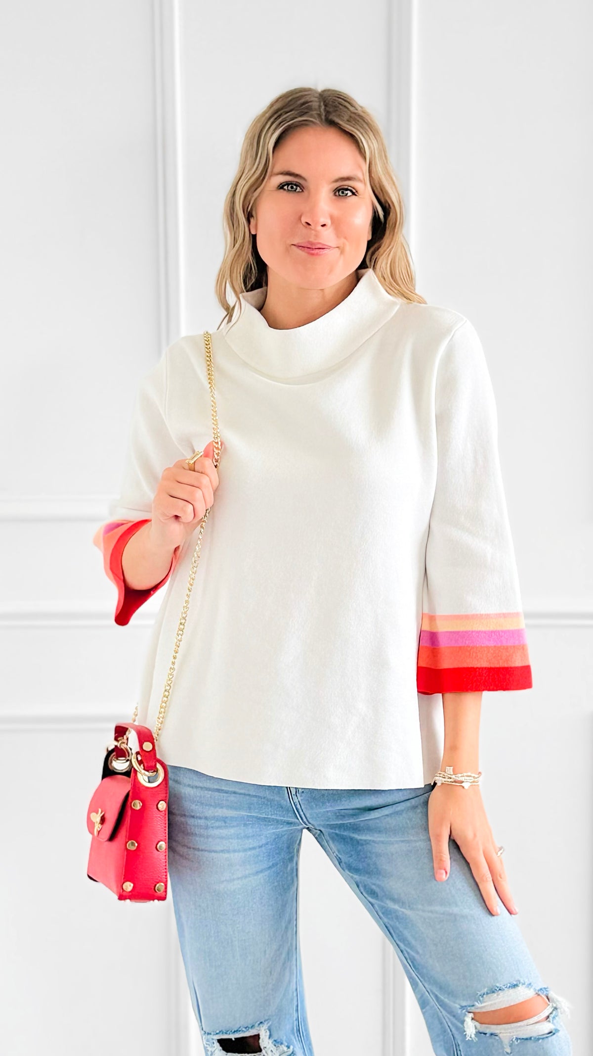 Stripe Pop Mock Neck Sweater-140 Sweaters-Fate Inc-Coastal Bloom Boutique, find the trendiest versions of the popular styles and looks Located in Indialantic, FL
