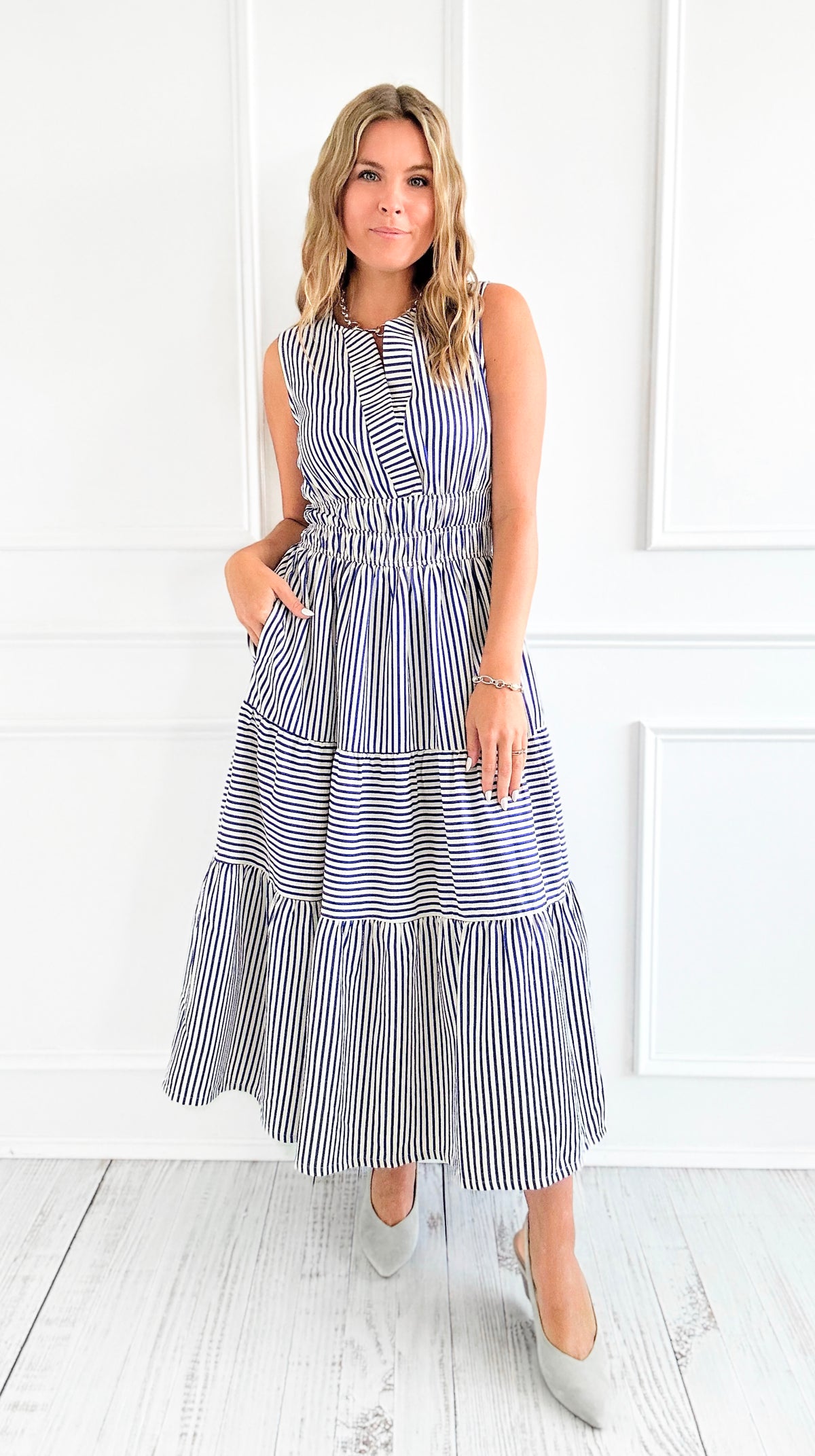 Sailaway Stripe Tiered Midi Dress-200 Dresses/Jumpsuits/Rompers-she+sky-Coastal Bloom Boutique, find the trendiest versions of the popular styles and looks Located in Indialantic, FL