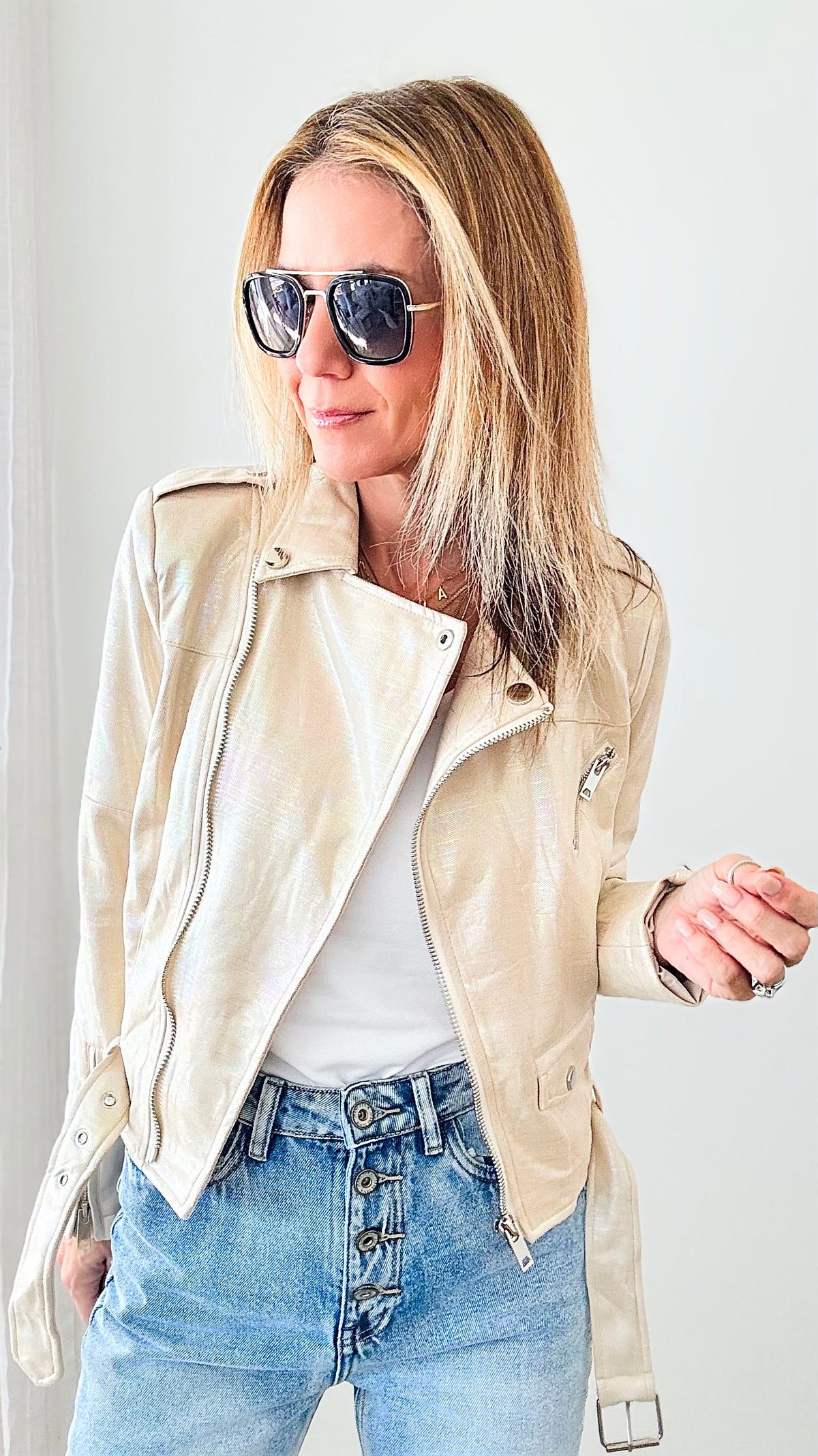 Pre ORDER - Holographic Metallic Jacket - Beige-160 Jackets-Michel-Coastal Bloom Boutique, find the trendiest versions of the popular styles and looks Located in Indialantic, FL