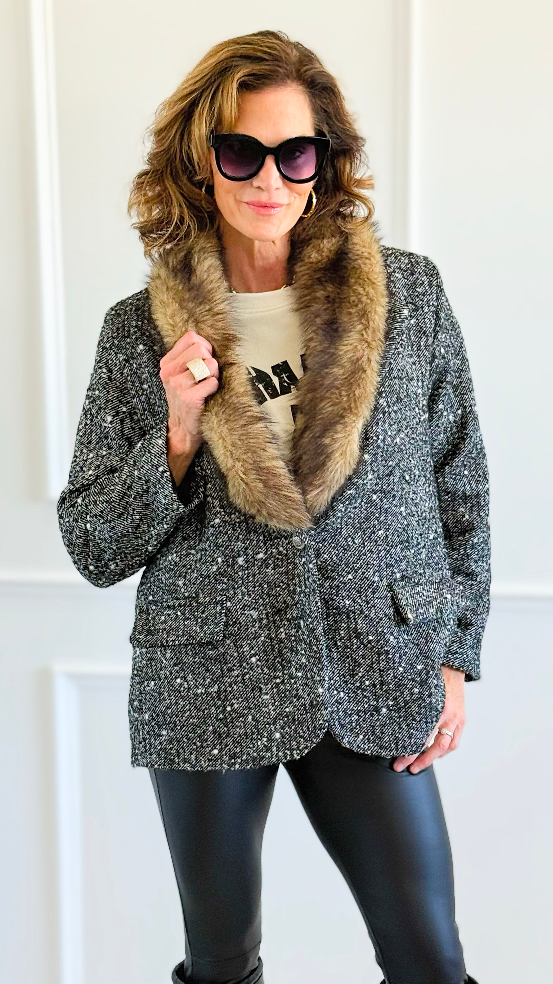 Luxe Tweed Italian Fur Jacket-160 Jackets-AZUL MONACO-Coastal Bloom Boutique, find the trendiest versions of the popular styles and looks Located in Indialantic, FL