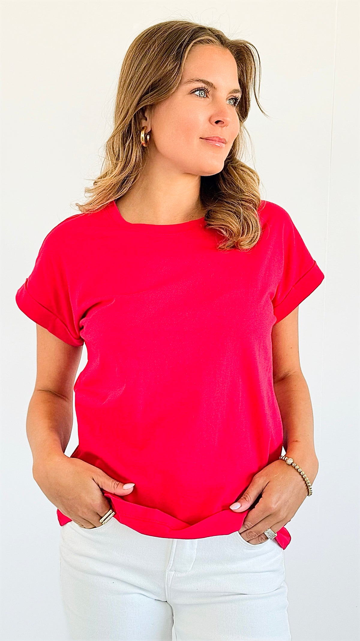 Cotton Crew Girl Next Door Neck Top - Ruby-110 Short Sleeve Tops-Zenana-Coastal Bloom Boutique, find the trendiest versions of the popular styles and looks Located in Indialantic, FL