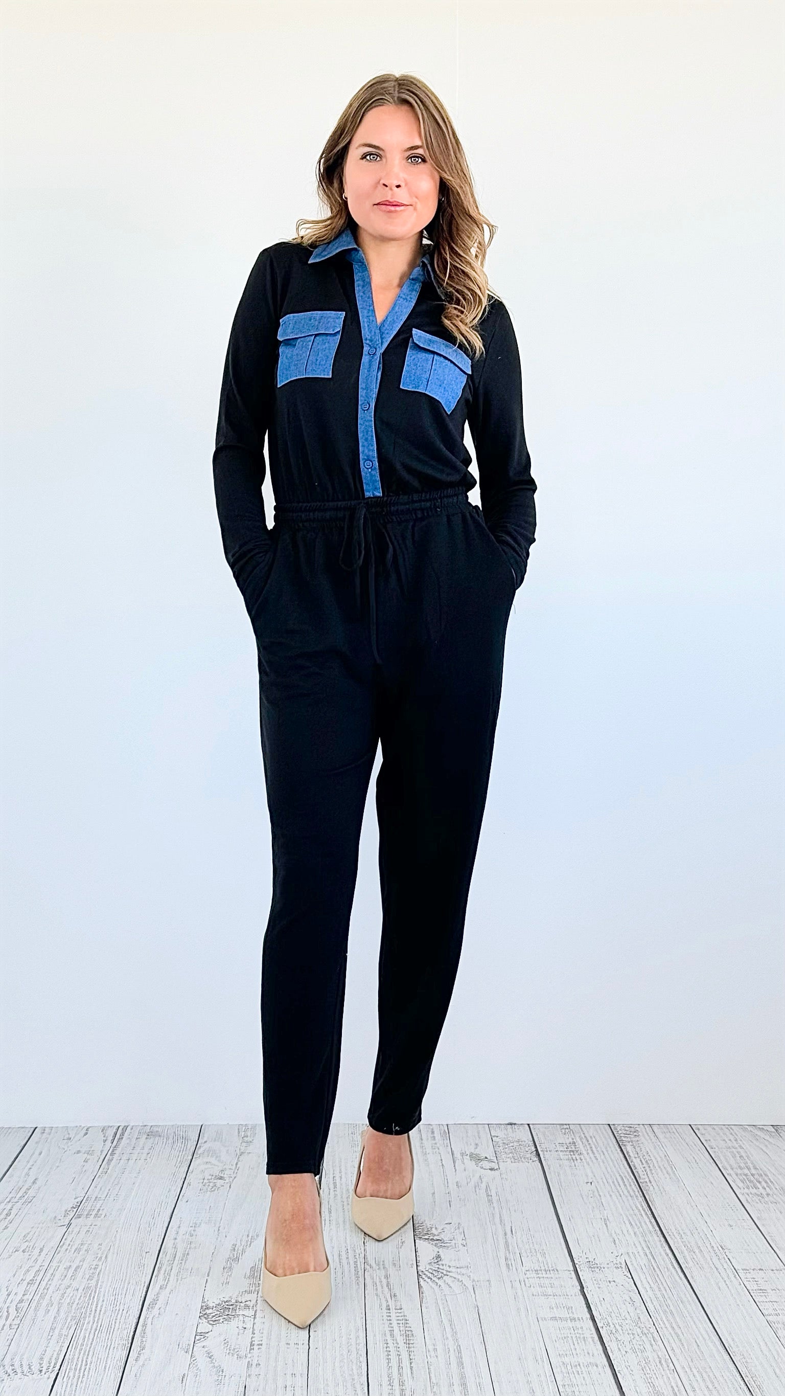 Denim Stroll Jumpsuit-200 Dresses/Jumpsuits/Rompers-DRESS DAY-Coastal Bloom Boutique, find the trendiest versions of the popular styles and looks Located in Indialantic, FL