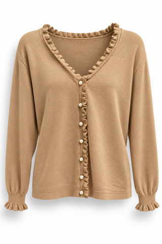 Pearl Ruffle Cardigan- Camel