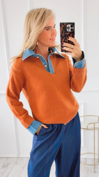 Collared Mixed Media Sweater - Mocha
