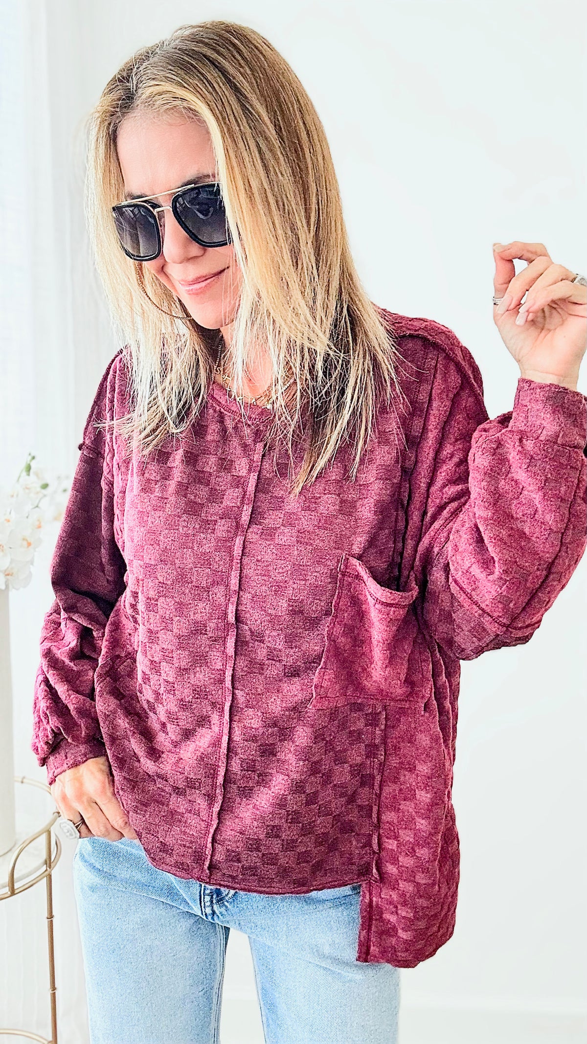 Brushed Checker Reverse Top - Burgundy-130 Long Sleeve Tops-BIBI-Coastal Bloom Boutique, find the trendiest versions of the popular styles and looks Located in Indialantic, FL