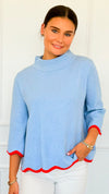 Waves & Whimsy Scallop Sweater- Soft Blue/Orange-140 Sweaters-Fate Inc-Coastal Bloom Boutique, find the trendiest versions of the popular styles and looks Located in Indialantic, FL